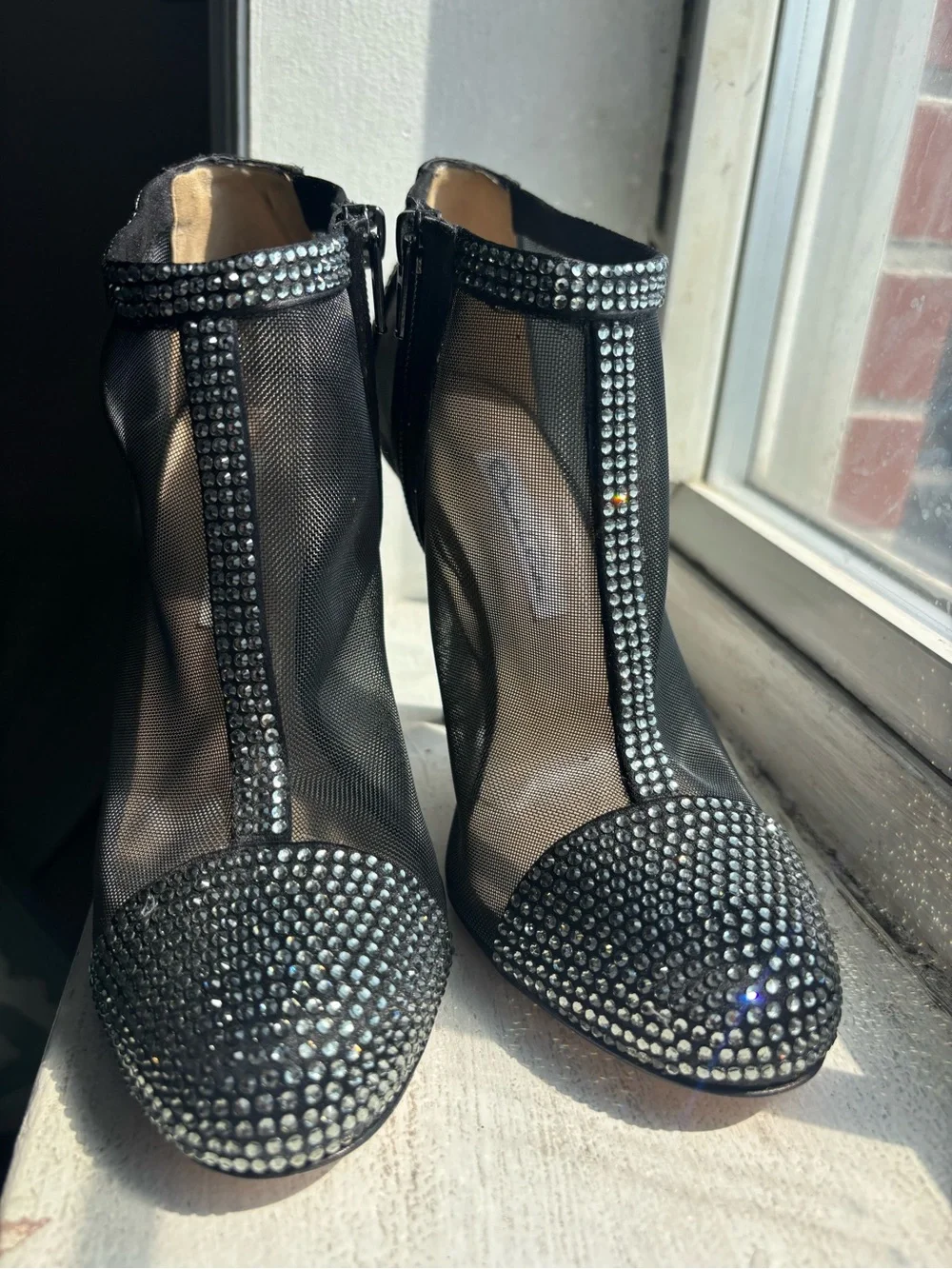 Oscar de la Renta Crystal-Embellished Black Mesh High Heel Booties